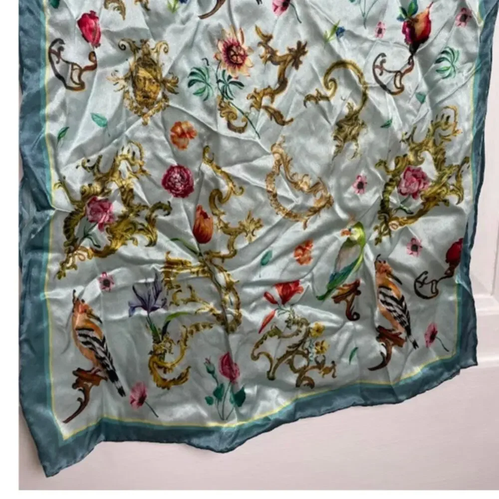 Satin Floral Bird Scarf Ice Blue Coquette Enchanting Rectangle Wrap‎ Neck Scarf